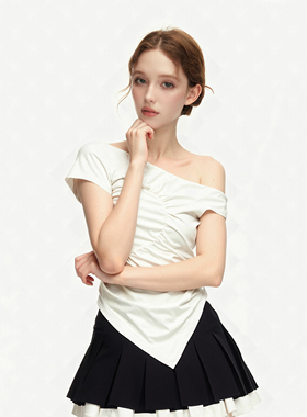 SUREENOUGH不对称褶皱爱心白色斜肩露肩T恤女春夏