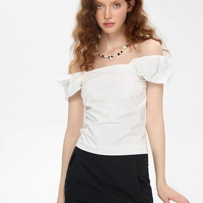 一字肩泡泡袖T恤女夏季