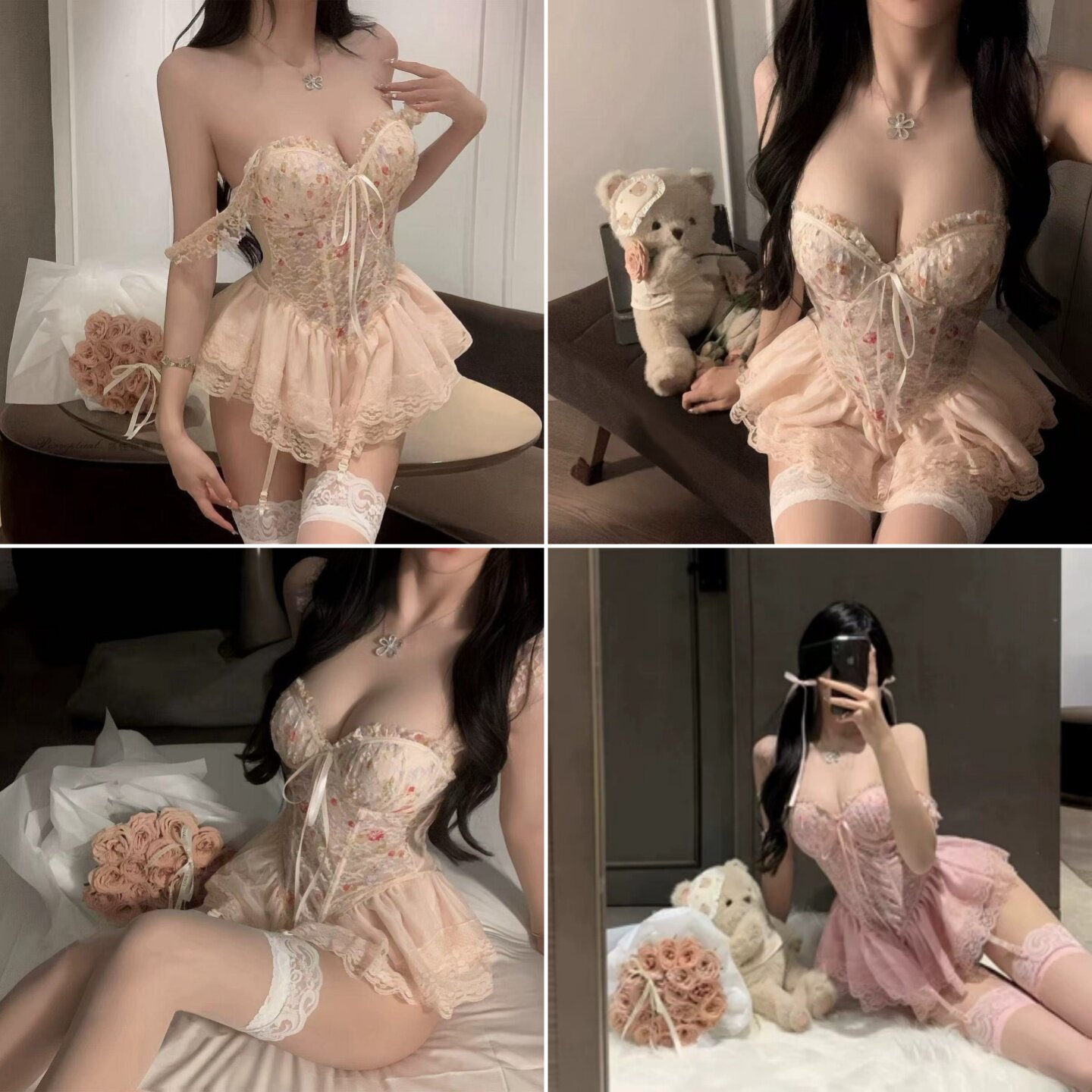 小碎花网纱鱼骨胸衣外穿性感蕾丝吊带少女甜美连衣裙小胸聚拢睡裙