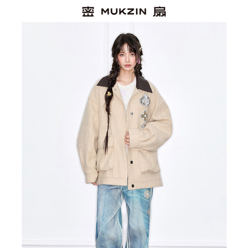 大口袋撞色休闲手工订绣上衣外套