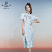 黄龄同款 修身 密扇2024春季 蓝色旗袍中长款 优雅泡泡袖 女士新款