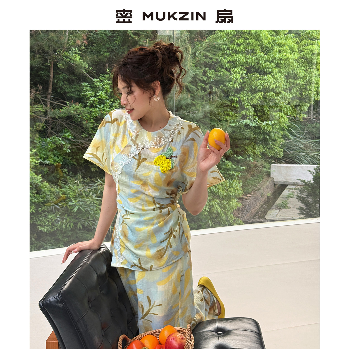 密扇2026夏季新款「柠檬微甜」设计感新中式刺绣显瘦亚麻短袖套装