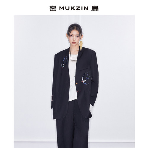 密扇2025春季新款春鸣序系列新中式黑色休闲小礼服西装外套上衣女