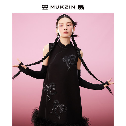 密扇黑色改良旗袍连衣裙