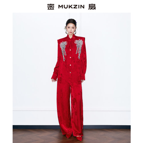 时尚百搭衬衫红色新中式套装