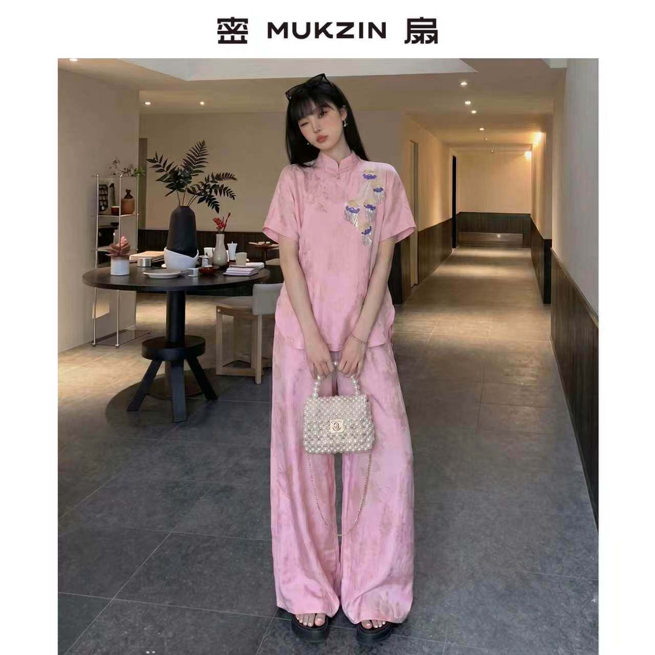 密扇2026年夏季新款「长安夏宴]国风新中式双色衬衫粉色亚麻套装G