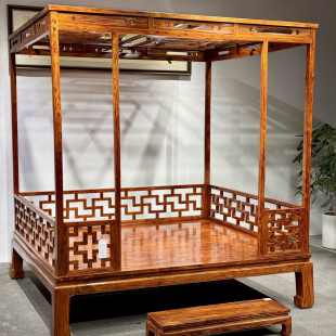 海南黄花梨家具实木六柱架子床中式红木拔步床古典雕花老式双人床