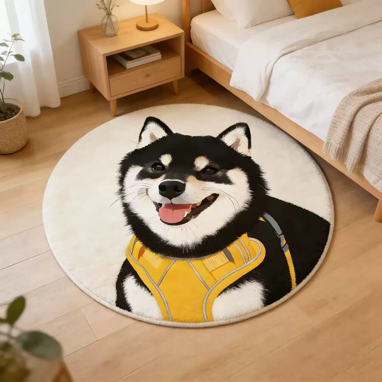 卡通黑色柴犬圆形地毯加厚仿羊绒客厅卧室床边毯可爱动物装饰地垫