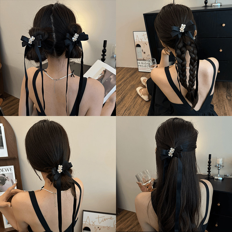 芭蕾风花朵飘带抓夹双马尾半扎发