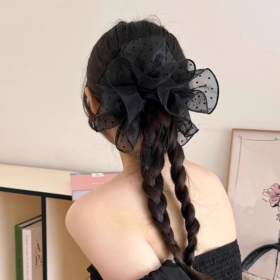 韩系黑色波点网纱裙摆大肠发圈女2025新款慵懒风扎马尾丸子头头绳