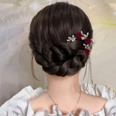 红色花朵u型流苏发簪敬酒服头饰