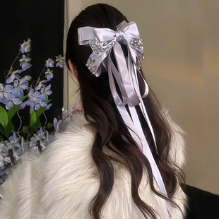 秋冬鸢尾紫飘带蝴蝶结抓夹头饰女高级感夜宴半扎发后脑勺马尾发夹