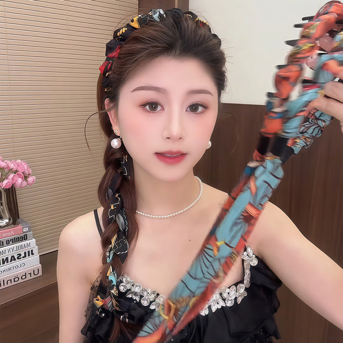 夏天丝巾飘带式发箍绑发一体女款