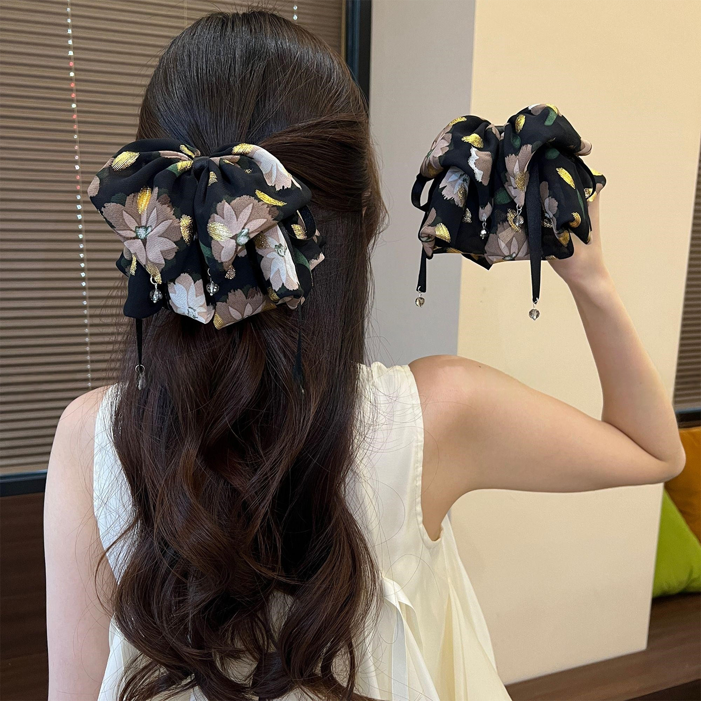 夏季半扎发蝴蝶结飘带碎花抓夹女