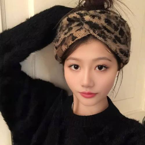 护脑门月子保暖豹纹针织毛绒发带