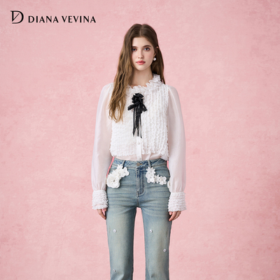 DIANAVEVINA秋冬新品蕾丝褶皱花边小衫女宽松复古甜美衬衫