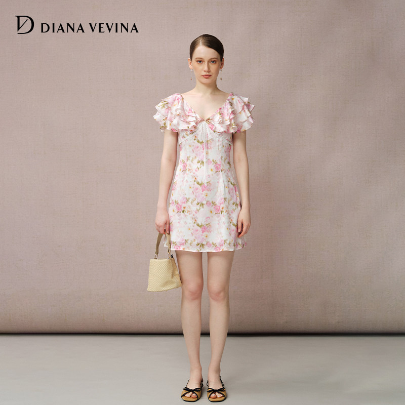 DIANAVEVINA2025夏季新款连衣裙女V领小飞袖印花短款仙女裙
