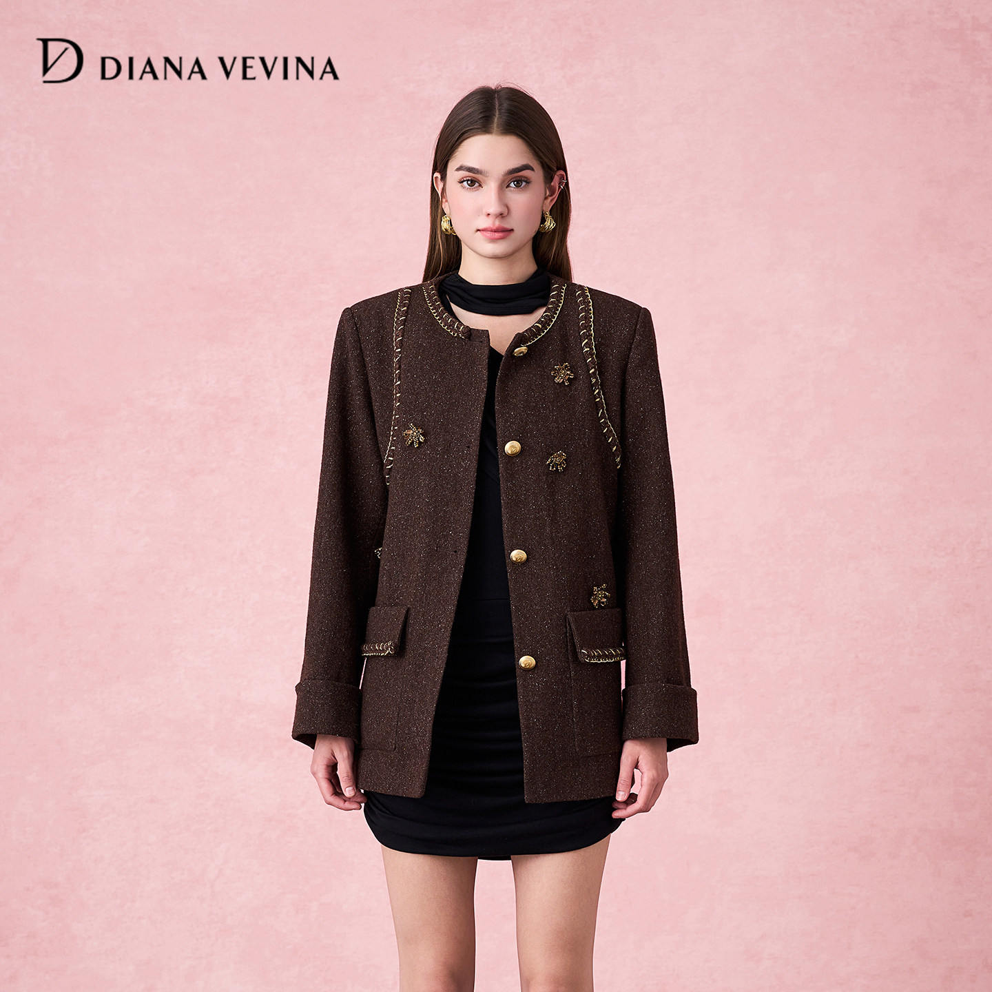 DIANAVEVINA秋冬新款复古绣花双面呢腰带中长女气质优雅外套