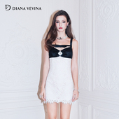 DIANA VEVINA拼接蕾丝钻饰连衣裙女性感精致秋新款 礼服裙
