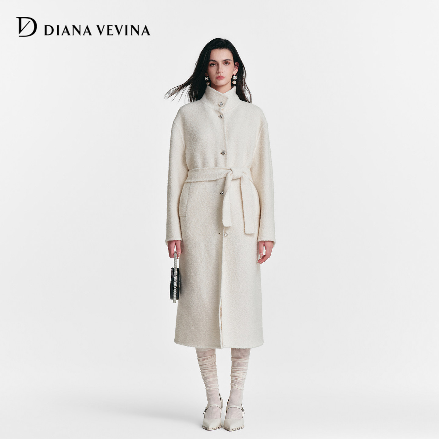 DIANAVEVINA冬季新款极简风立领钻扣双面呢大衣女长收腰外套