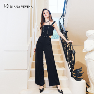 復(fù)古黑色緞感無(wú)袖 DIANA 新款 吊帶女鏤空露腰連體長(zhǎng)褲 VEVINA秋季