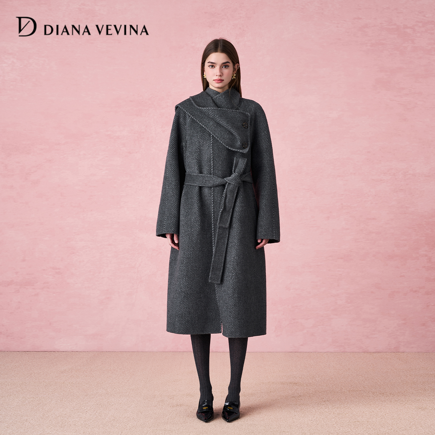 DIANAVEVINA2025秋冬新品可拆卸围巾百搭双面毛呢大衣女长款外套