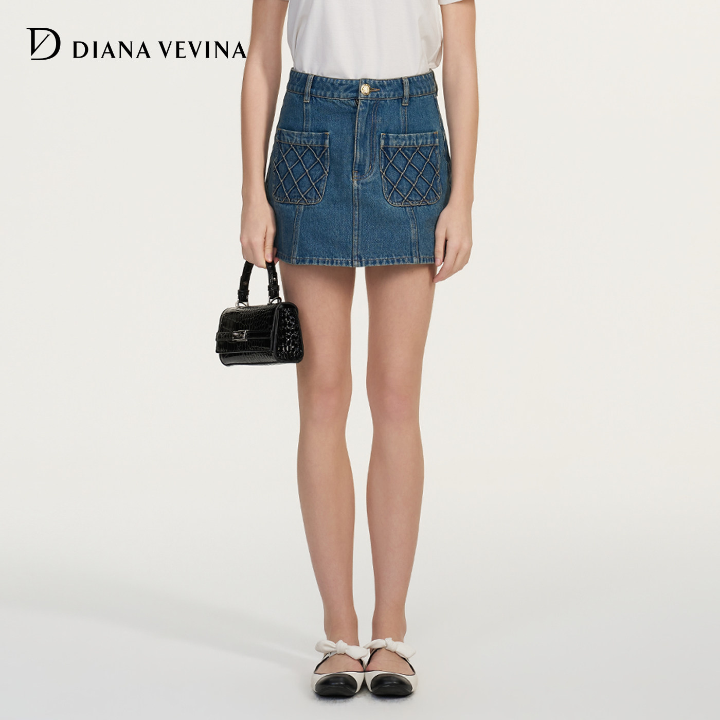 DIANAVEVINA2026夏季新款复古菱格贴袋高腰A字女休闲百搭牛仔短裙