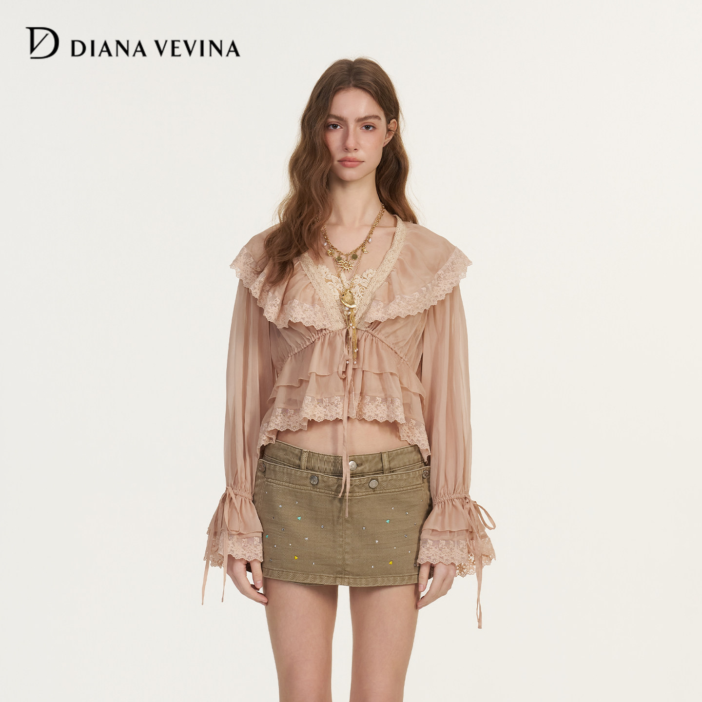 【董璇同款】DIANAVEVINA2026夏新款蕾丝褶皱荷叶边V领宽松雪纺衫