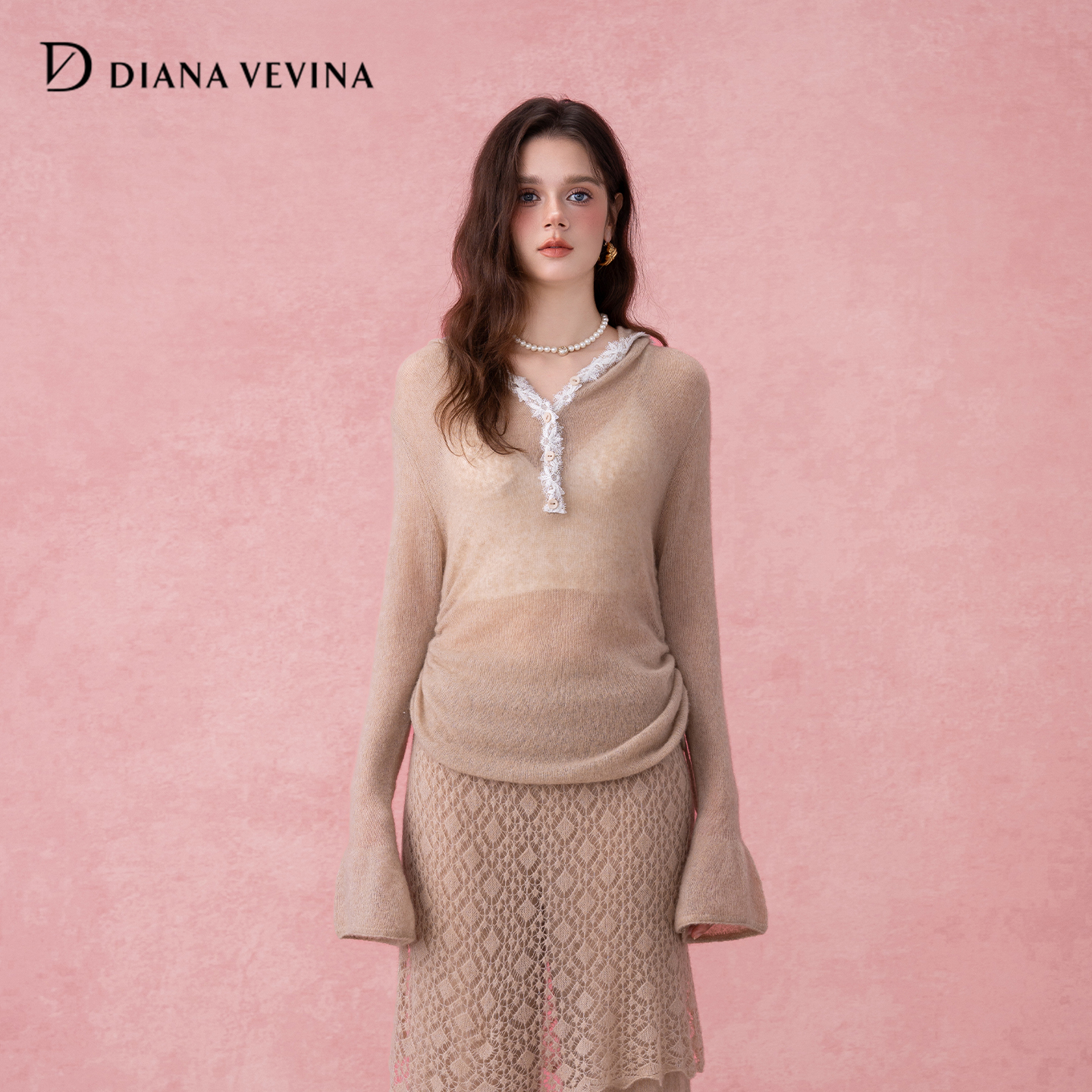 DIANAVEVINA2025秋冬新品蕾丝花边拼接连帽针织衫女修身显瘦上衣