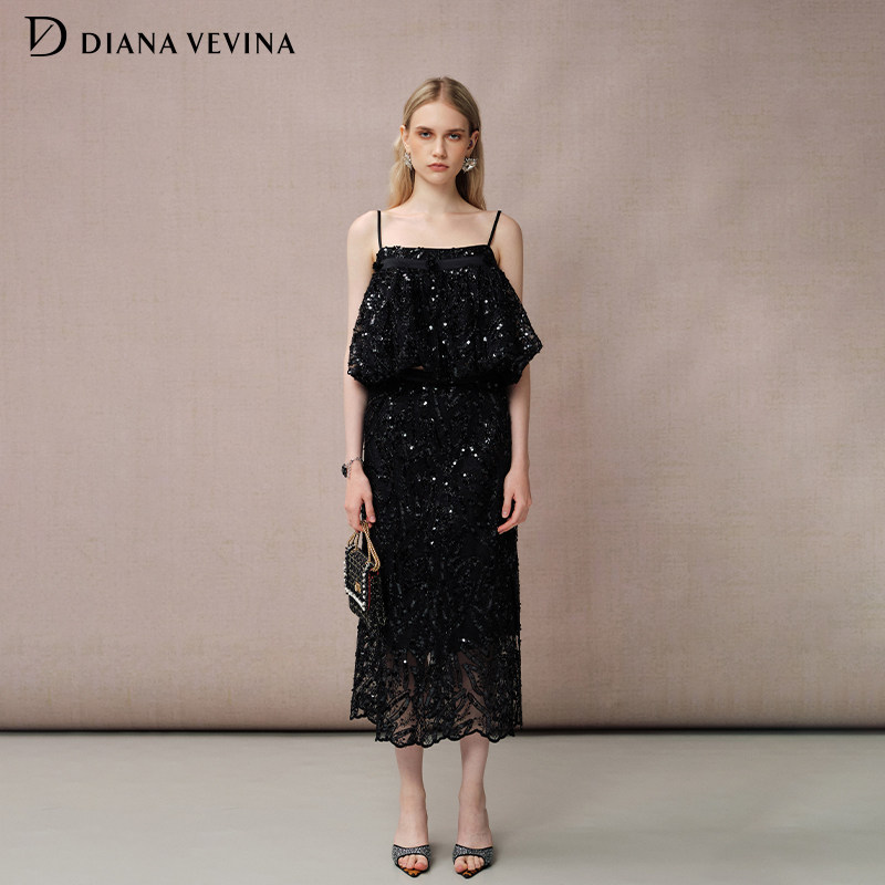 DIANAVEVINA夏季新款时尚套装女亮片吊带刺绣拼接黑色半身裙,女装/女士精品,时尚套装,淘宝优惠券,粉丝福利购,淘宝优惠卷