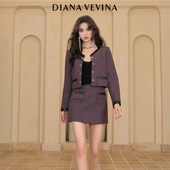 毛呢外套上衣包臀短裙女秋酒红色套装 DIANA VEVINA格纹短款 23AW