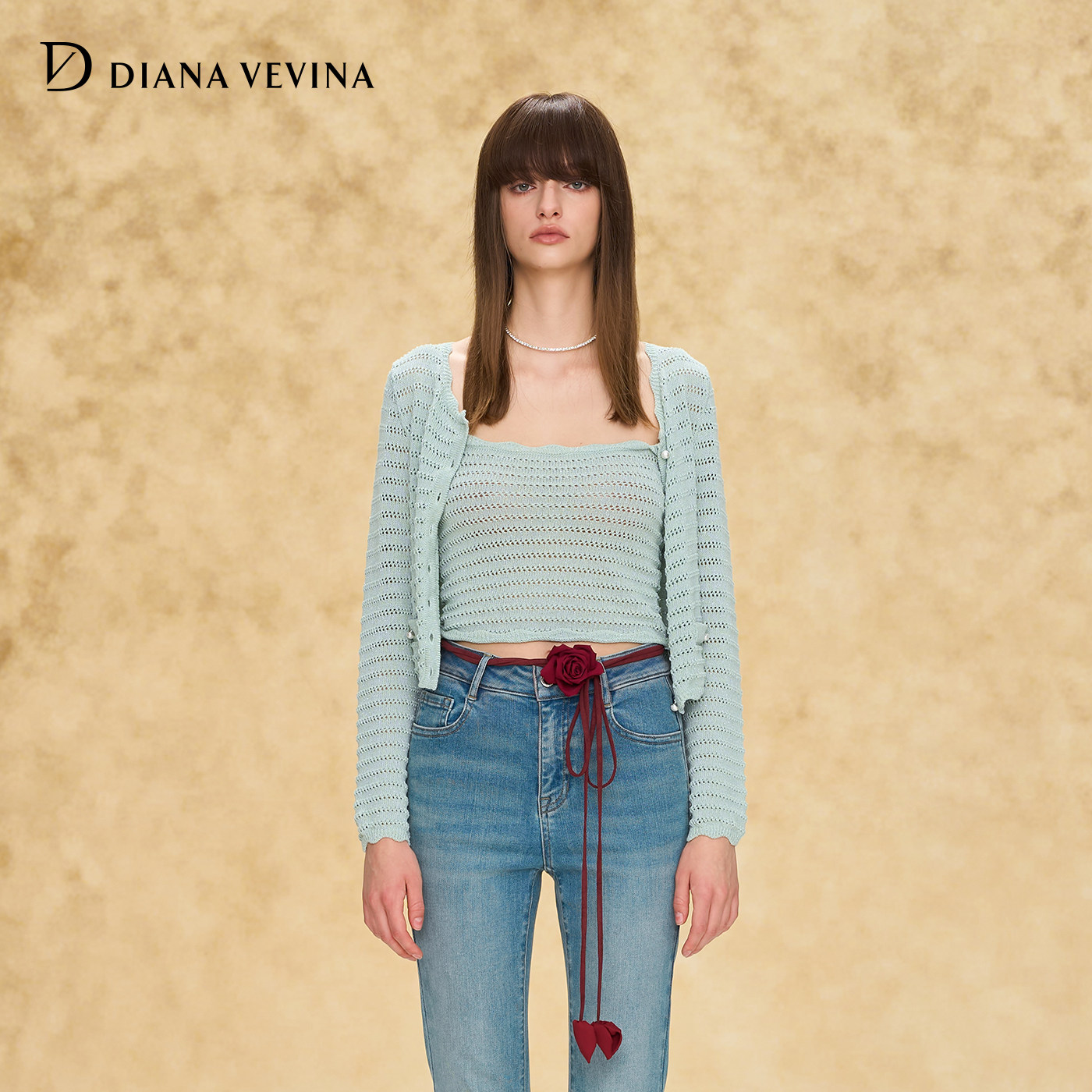 DIANAVEVINA2026秋新款薄荷绿镂空针织开衫吊带背心女修身两件套图片