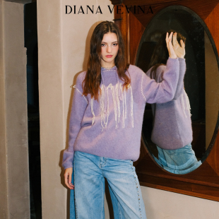 DIANA VEVINA 冬新款 羊毛浣熊绒刺绣流苏连帽毛衣毛针织衫