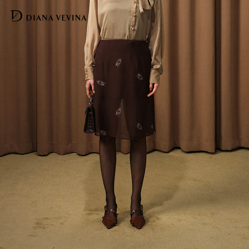 DIANA VEVINA秋冬新款羽毛印花半身裙高腰H型假两件裙子