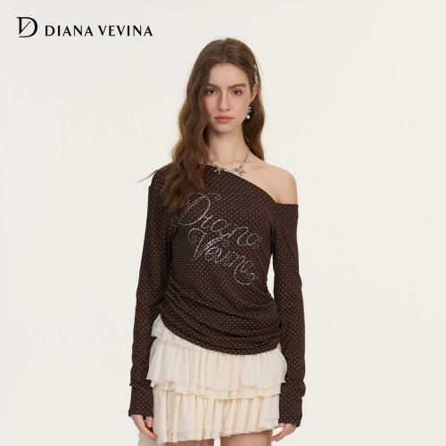 【林允同款】DIANAVEVINA2026夏新款烫钻不对称斜肩抽褶长袖T恤女