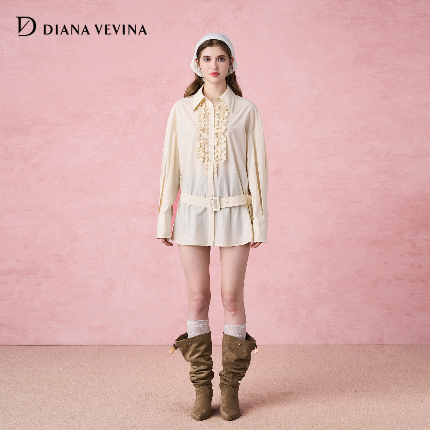 DIANAVEVINA秋冬新品法式复古木耳褶皱花边腰带长款气质衬衫