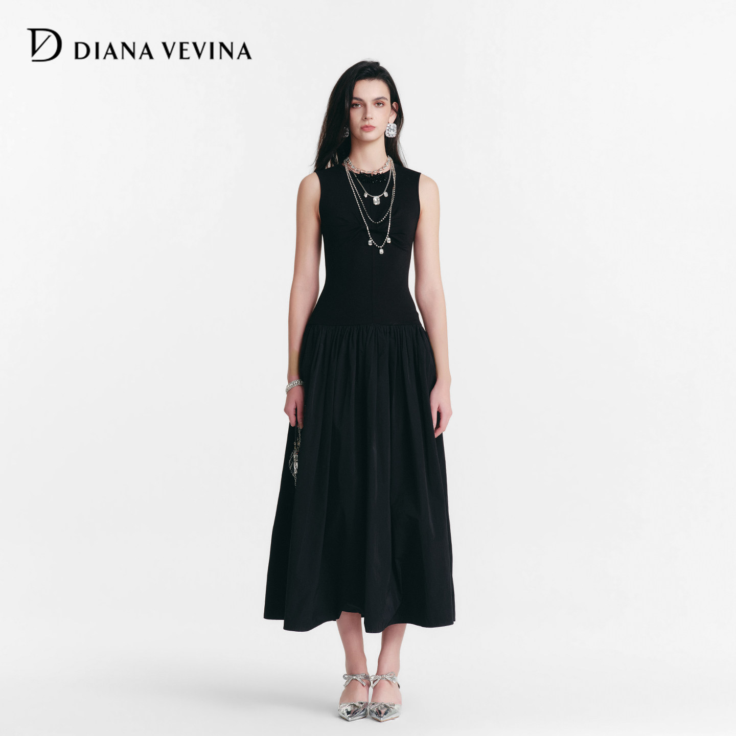 DIANAVEVINA冬季新款针织拼接扭结无袖女收腰显瘦背心连衣裙
