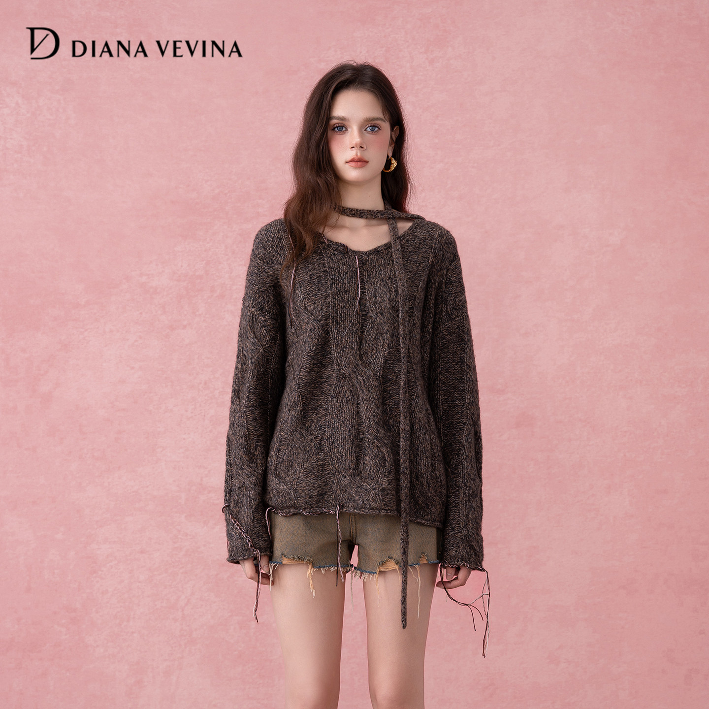 DIANAVEVINA2025秋冬新款时尚百搭V领针织衫女毛衣宽松上衣