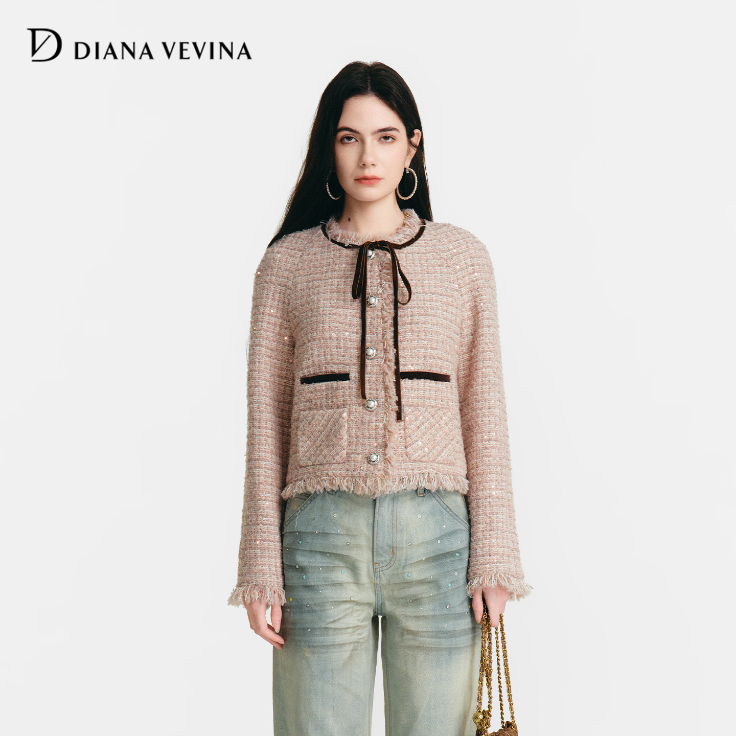 DIANAVEVINA2026春季新款小香风女丝绒撞色流苏粗花呢短修身外套