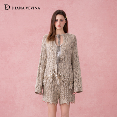 DIANAVEVINA2025秋冬新品圆领绞花系带打结上衣女宽松毛针织开衫