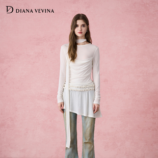 DIANAVEVINA2025秋新款 打底衫 女修身 褶皺飄帶設計上衣 假兩件長袖