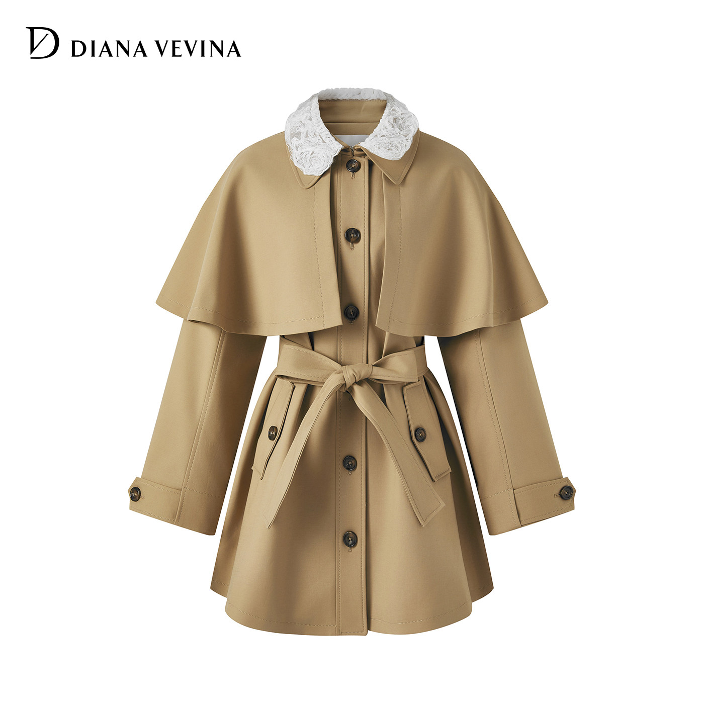 DIANAVEVINA2026春夏新款卡其复古甜美蕾丝领斗篷风衣款收腰外套