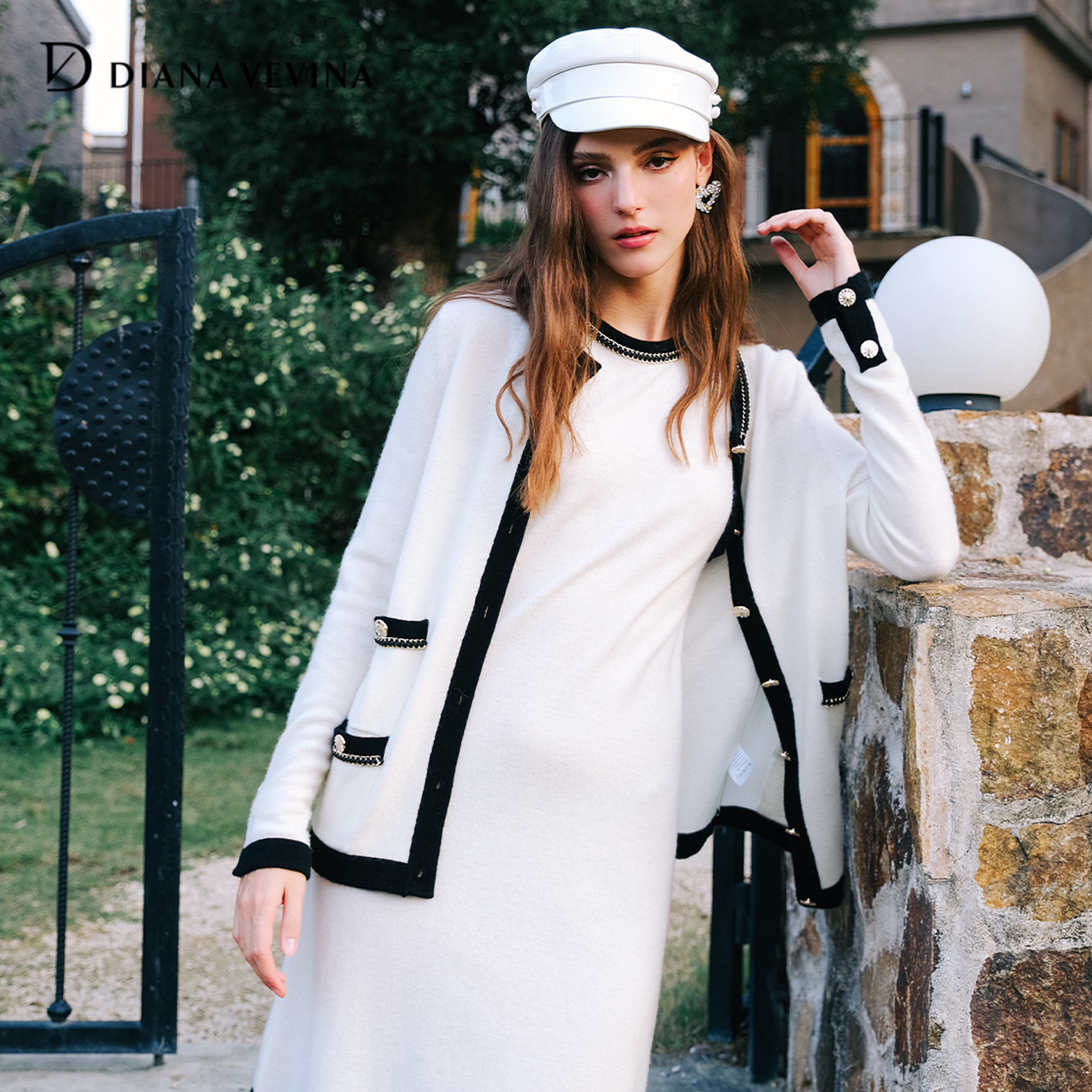 DIANAVEVINA25冬季新款撞色针织开衫A字无袖连衣裙女拼接羊毛套装