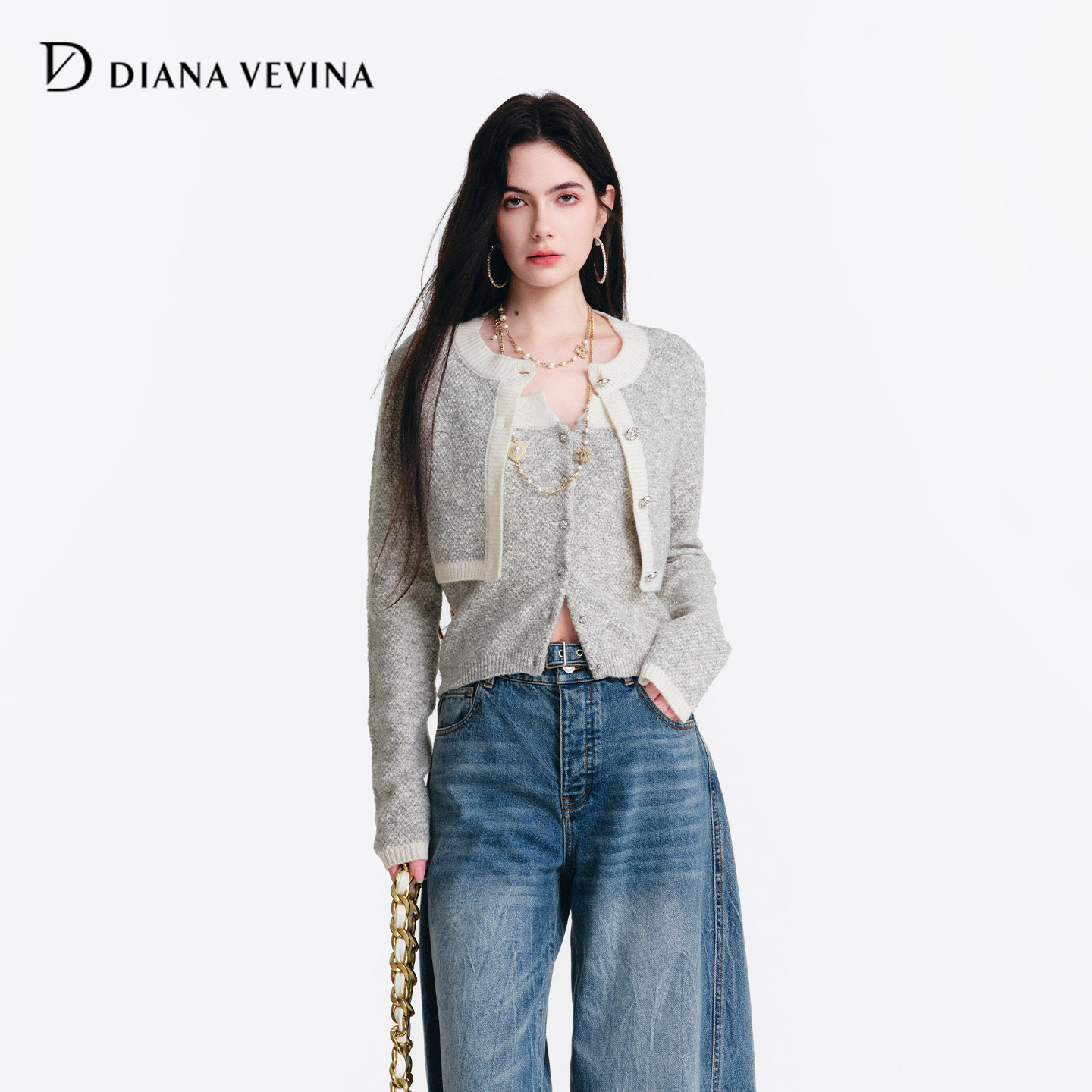 DIANAVEVINA2026春季新款撞色女短露腰开衫外套抹胸吊带针织套装