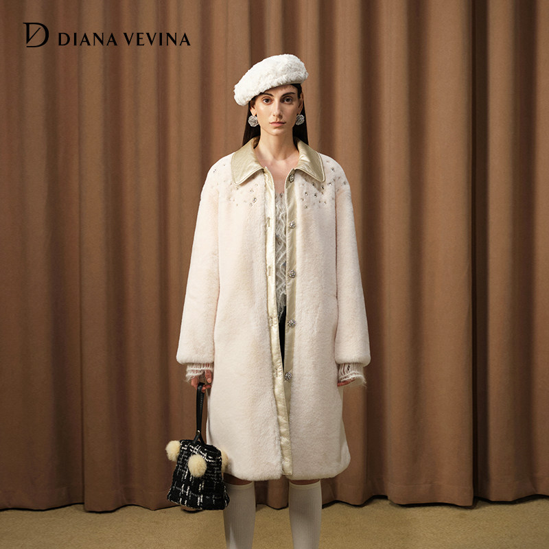 DIANAVEVINA冬新款拼色钉钻长款外套环保皮草毛大衣女保暖时尚