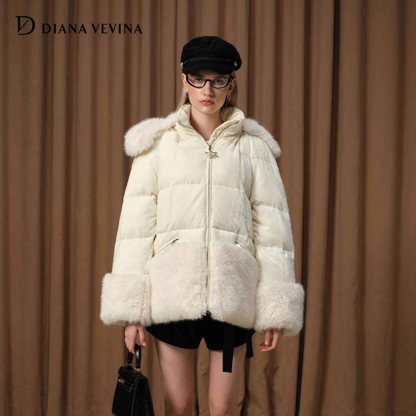 DIANAVEVINA冬季新款两穿带帽丝绒拼接毛毛羽绒服女保暖外套