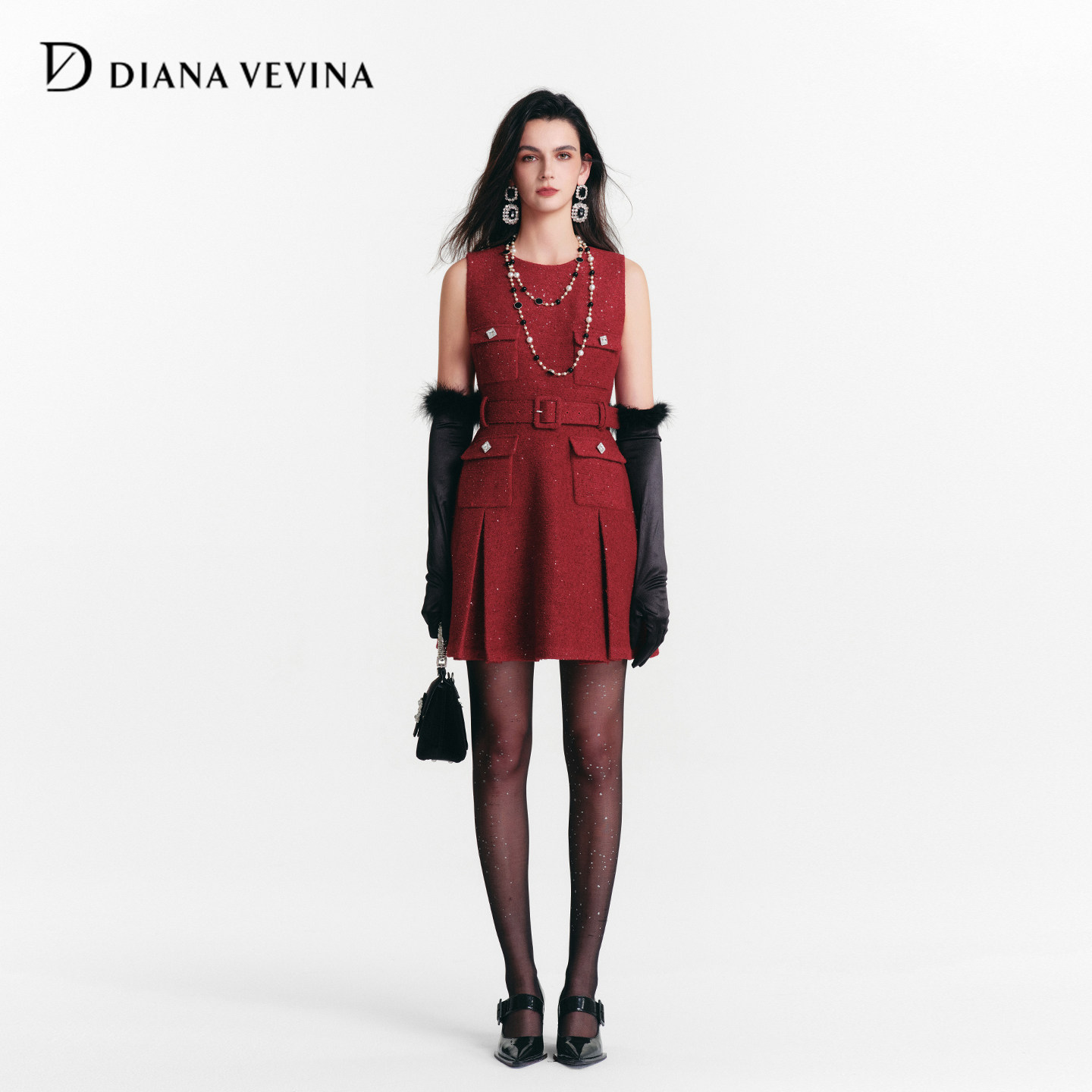 DIANAVEVINA冬季新款复古红色小香风无袖女收腰背心连衣伞裙