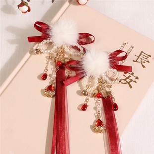【卿卿】酒红飘带对夹红色过年头饰古风毛球发饰汉服配饰儿童发夹