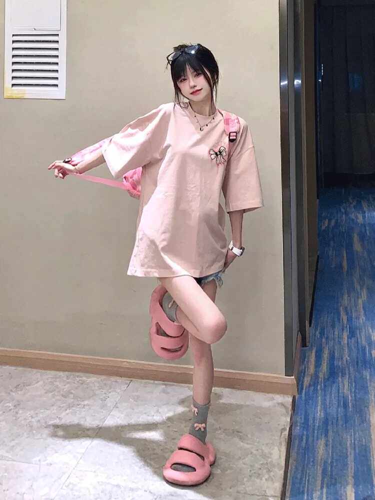多巴胺穿搭粉色纯棉短袖t恤女图片