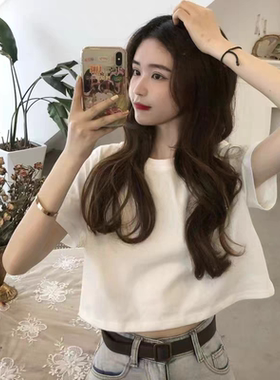 白色短袖t恤女纯棉夏季新款爆款小个子短款穿搭高腰露肚脐ins上衣